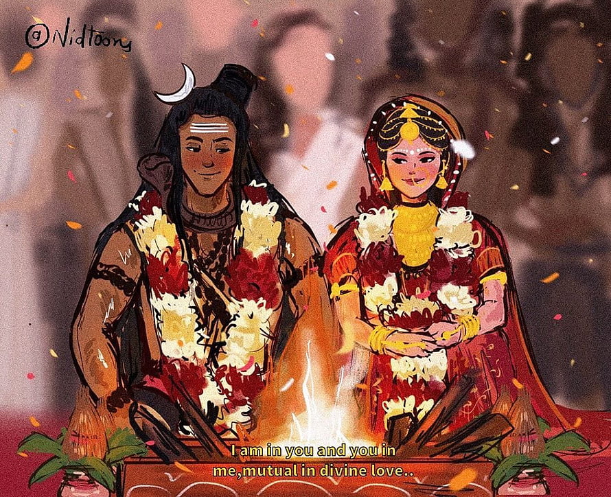 Shiva and Parvati Wedding Illustration with Sacred Fire and Floral Garlands HD wallpaper