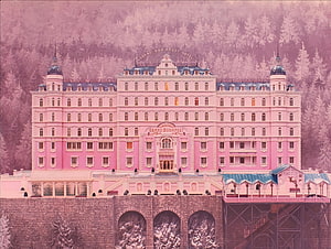 Grand Budapest Hotel Pink Facade in Snowy Mountain Landscape HD wallpaper