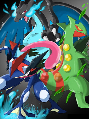 Ash Greninja, Mega Sceptile, and Mega Charizard X in Dynamic Battle Pose HD phone wallpaper