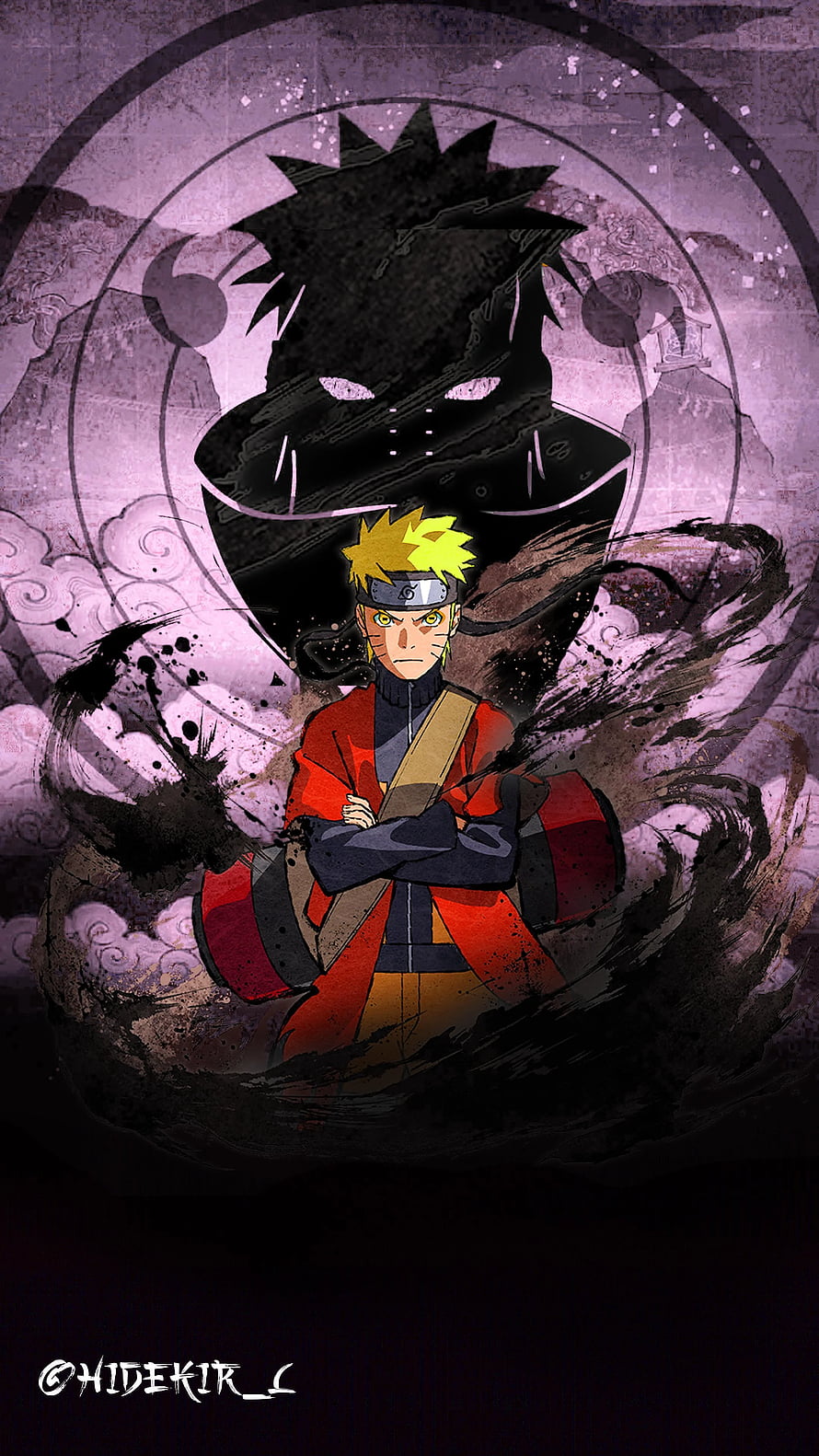 Naruto Uzumaki with Kurama Shadow in Dark Anime Art Style HD phone wallpaper