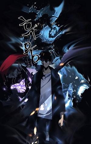 Solo Leveling Anime Character with Dark Energy and Blue Flame Effects HD phone wallpaper