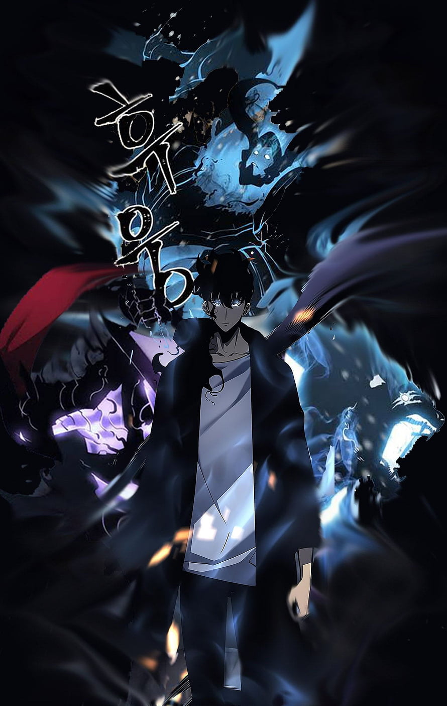 Solo Leveling Anime Character with Dark Energy and Blue Flame Effects HD phone wallpaper