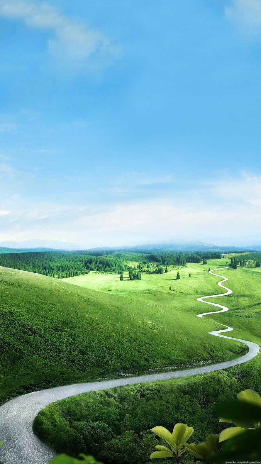 Winding River Through Lush Green Rolling Hills Under a Clear Blue Sky HD phone wallpaper