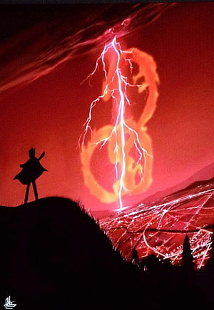 Beyblade Ryuga Silhouette Confronting Massive Lightning Storm Over Red Landscape HD phone wallpaper