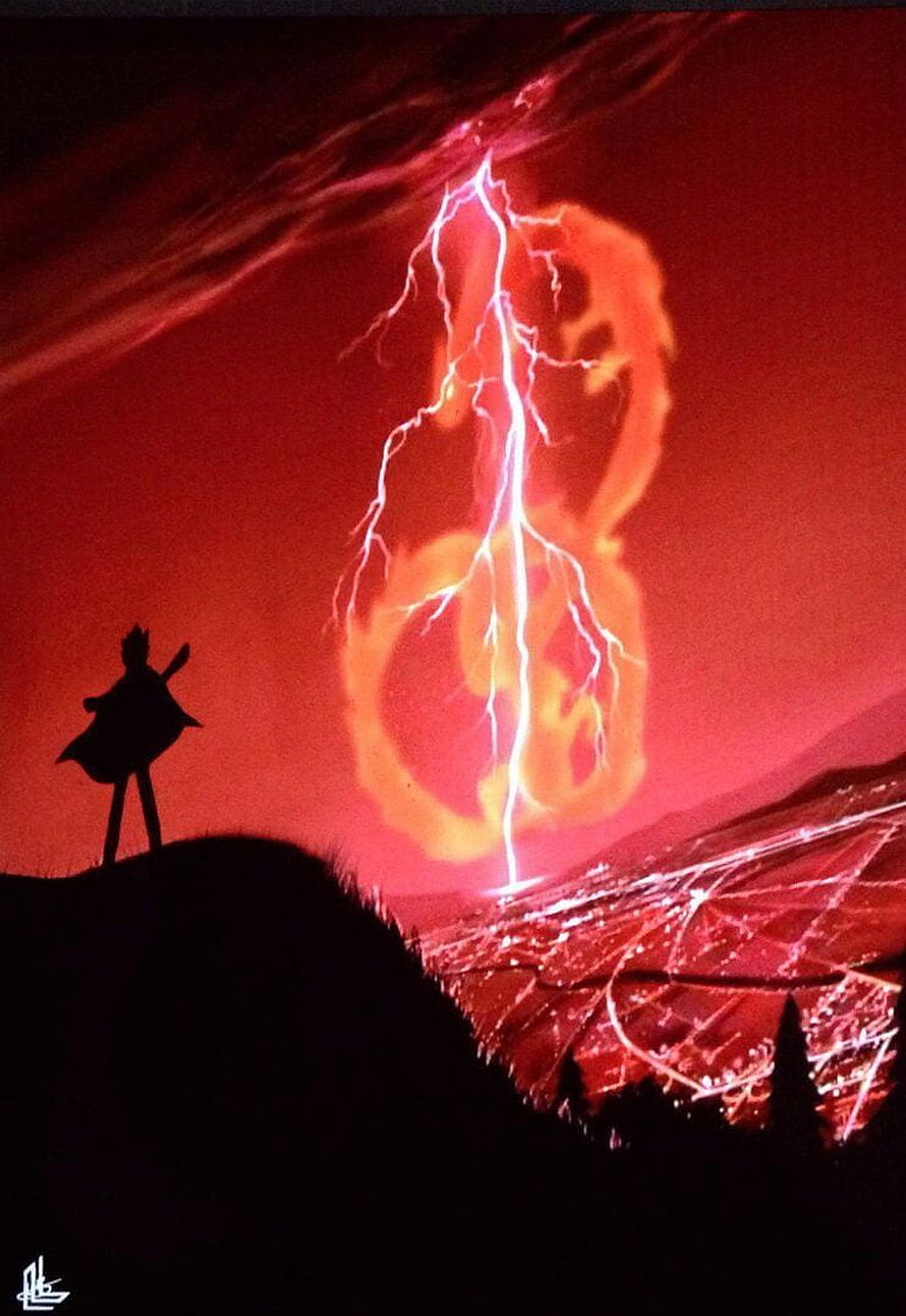 Beyblade Ryuga Silhouette Confronting Massive Lightning Storm Over Red Landscape HD phone wallpaper