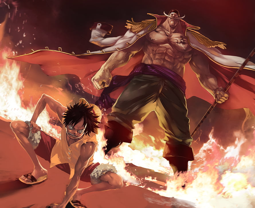 Monkey D. Luffy and Whitebeard in a Fiery One Piece Battle Scene HD wallpaper