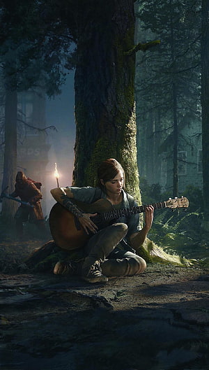 Ellie Playing Acoustic Guitar in a Misty Forest from The Last of Us Part II HD phone wallpaper