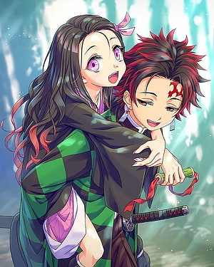 Tanjiro and Nezuko Kamado Embrace in Demon Slayer Anime Illustration HD phone wallpaper