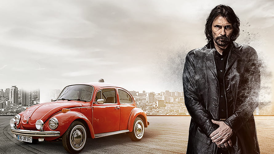 Behzat Ç. promotional artwork featuring a red Volkswagen Beetle and a man in a leather coat HD wallpaper