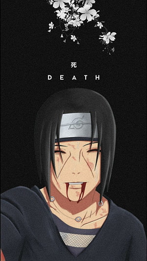 Itachi Uchiha Crying Portrait With Sakura Blossoms And Death Text On Black Background HD phone wallpaper