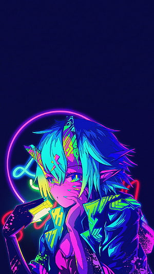 Neon Oni Girl Anime Character with Glowing Horns and Vibrant Cyberpunk Aesthetic HD phone wallpaper
