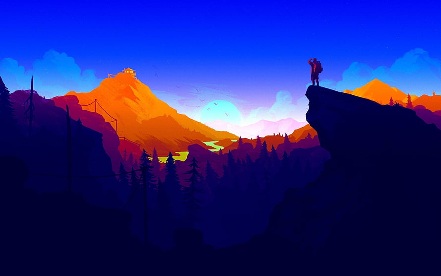 Vibrant Mountain Landscape with Hiker Silhouette at Sunset in Digital Art Style HD wallpaper