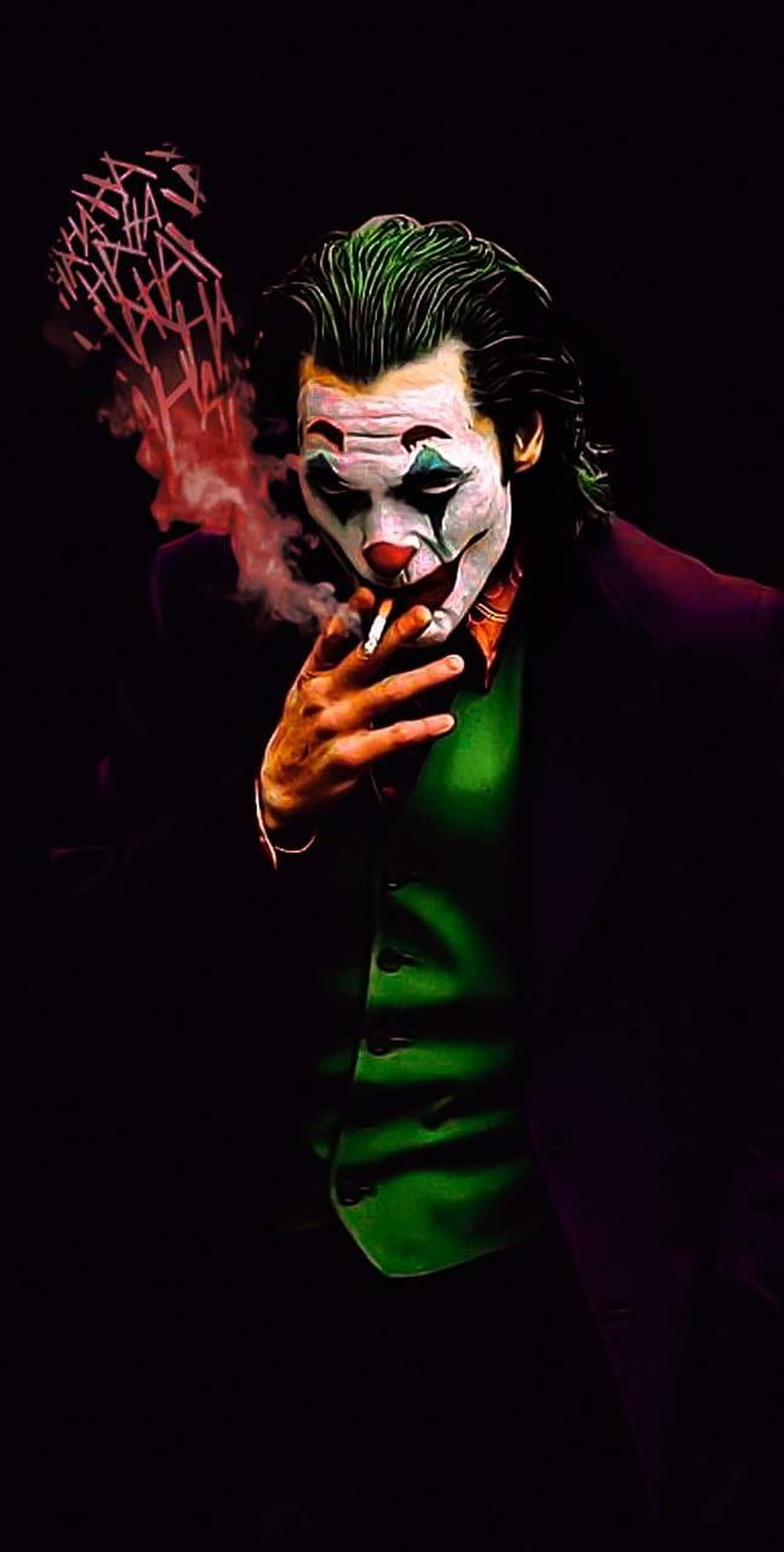 Joker smoking a cigarette in a green suit with white face paint and dark background HD phone wallpaper