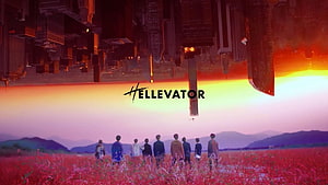 Stray Kids Hellevator Concept Art with Surreal Upside-Down City and Vibrant Flower Field HD wallpaper
