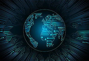 Digital Globe with Circuit Board Traces and Blue Holographic Technology Background HD wallpaper