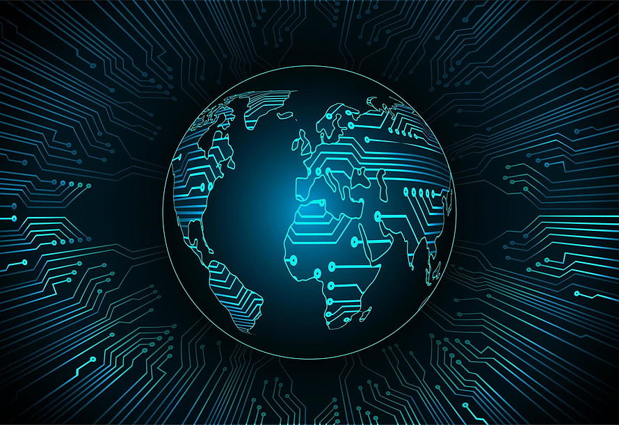 Digital Globe with Circuit Board Traces and Blue Holographic Technology Background HD wallpaper