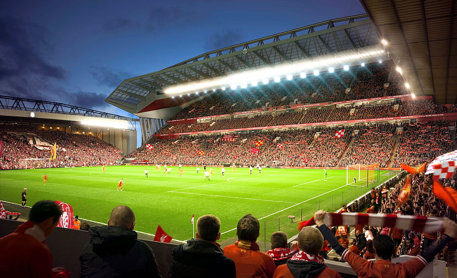 Anfield Stadium at Night with Liverpool Fans and Match Action HD wallpaper