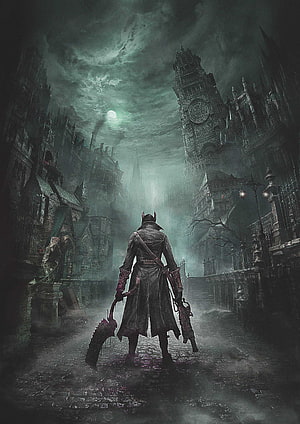 Bloodborne Hunter Standing in Foggy Gothic City Under Moonlight HD phone wallpaper