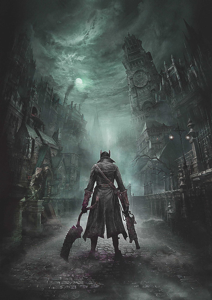 Bloodborne Hunter Standing in Foggy Gothic City Under Moonlight HD phone wallpaper