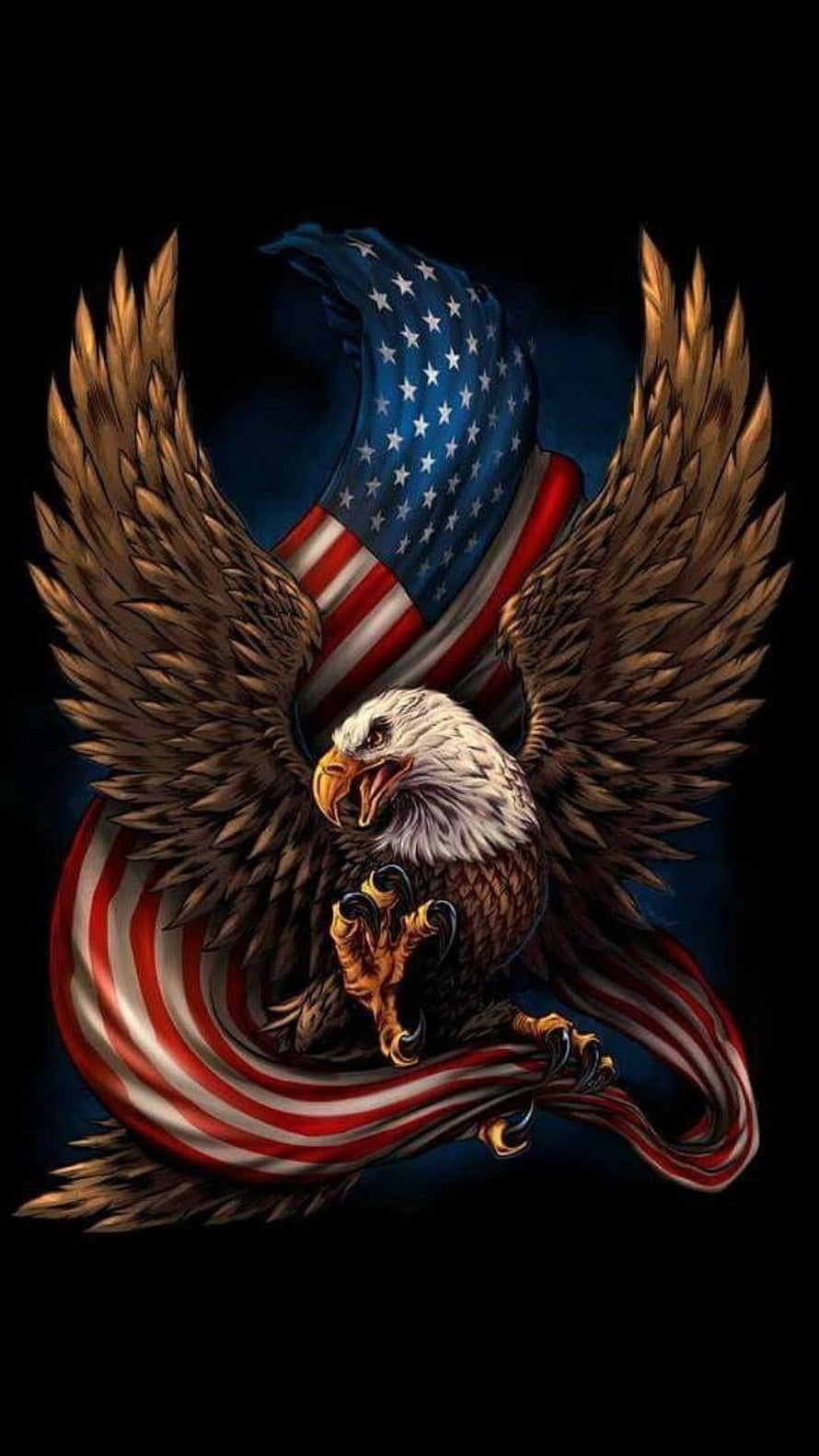 Majestic American Bald Eagle with Spread Wings and Flowing Flag on Dark Background HD phone wallpaper