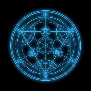 Fullmetal Alchemist Transmutation Circle Glowing Blue Symbol on Black Background HD phone wallpaper