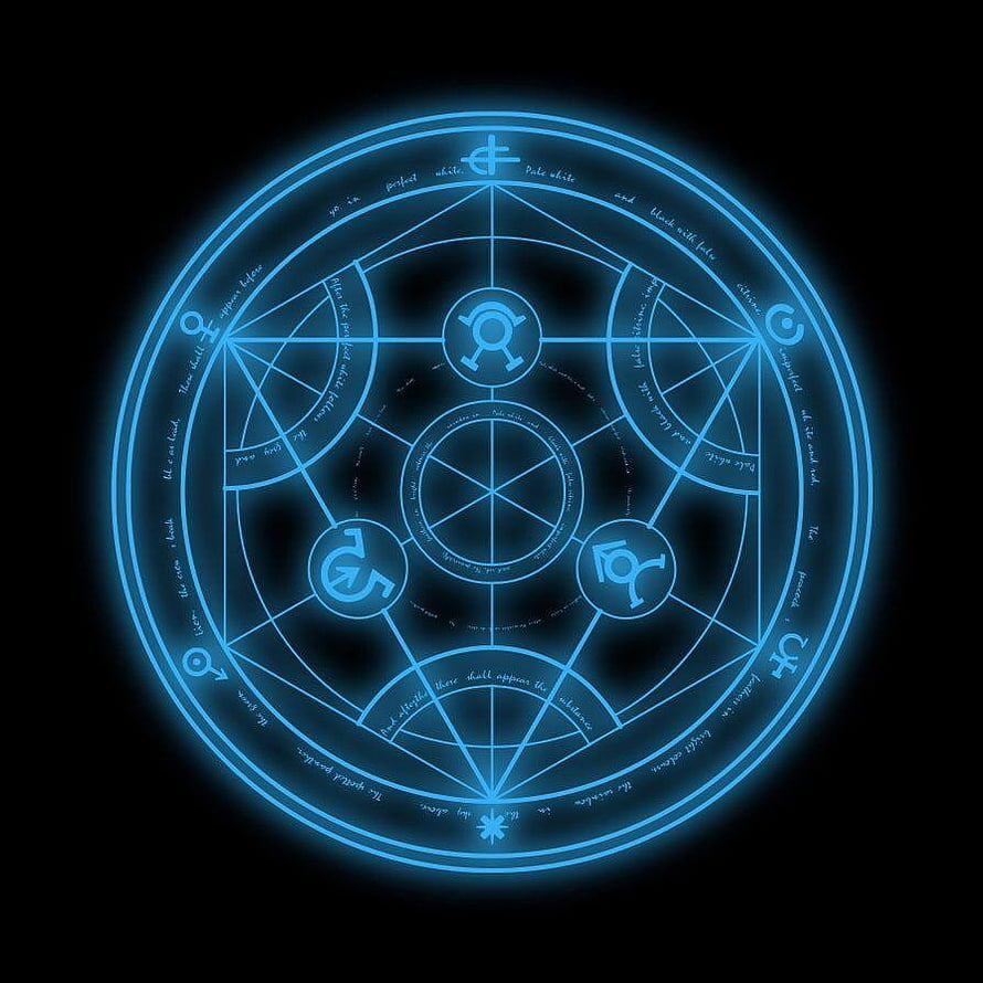 Fullmetal Alchemist Transmutation Circle Glowing Blue Symbol on Black Background HD phone wallpaper
