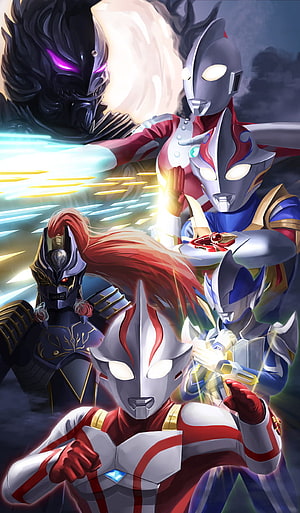 Ultraman Mebius and Allies Confronting Dark Villains in Dynamic Anime Illustration HD phone wallpaper