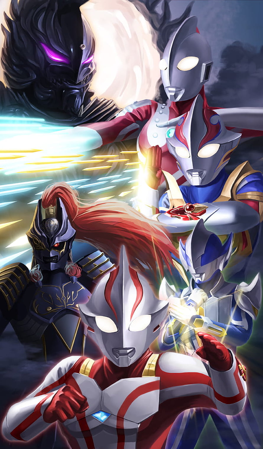Ultraman Mebius and Allies Confronting Dark Villains in Dynamic Anime Illustration HD phone wallpaper