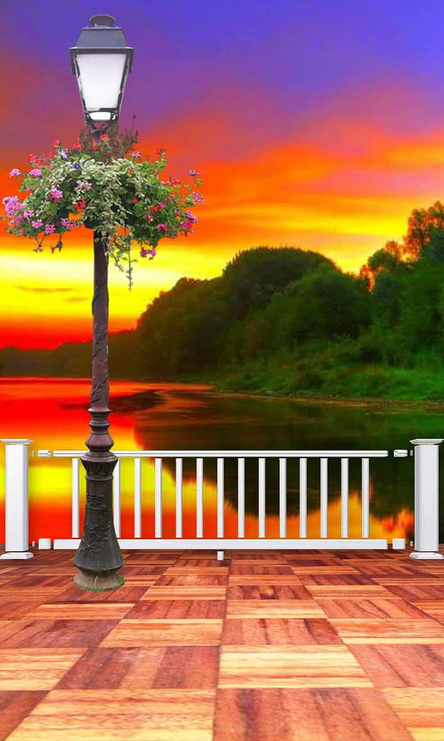 Vintage Street Lamp with Hanging Flowers on Wooden Deck at Sunset HD phone wallpaper