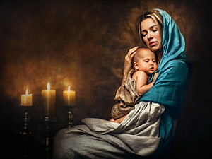 Mother and Child in Blue Veil with Candles, Classical Religious Portrait HD wallpaper