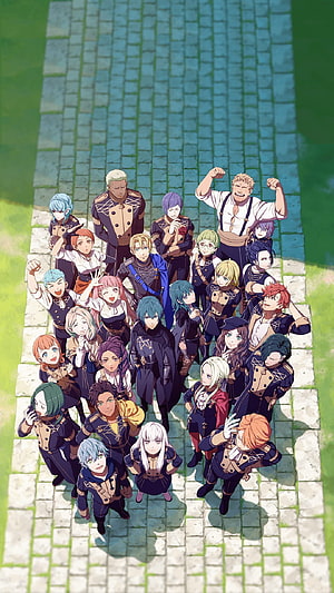 Fire Emblem Three Houses Full Cast Group Portrait on Cobblestone Path HD phone wallpaper