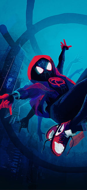 Miles Morales in dynamic pose from Spider-Man Into the Spider-Verse with red hoodie and sneakers HD phone wallpaper