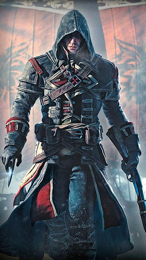 Assassin's Creed Rogue Hooded Assassin Character Art with Hidden Blade and Pistol HD phone wallpaper
