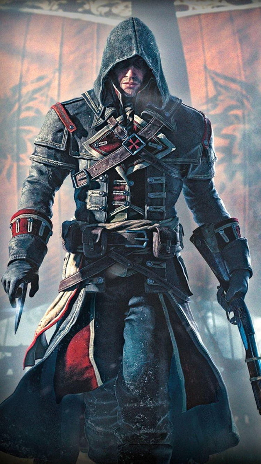 Assassin's Creed Rogue Hooded Assassin Character Art with Hidden Blade and Pistol HD phone wallpaper