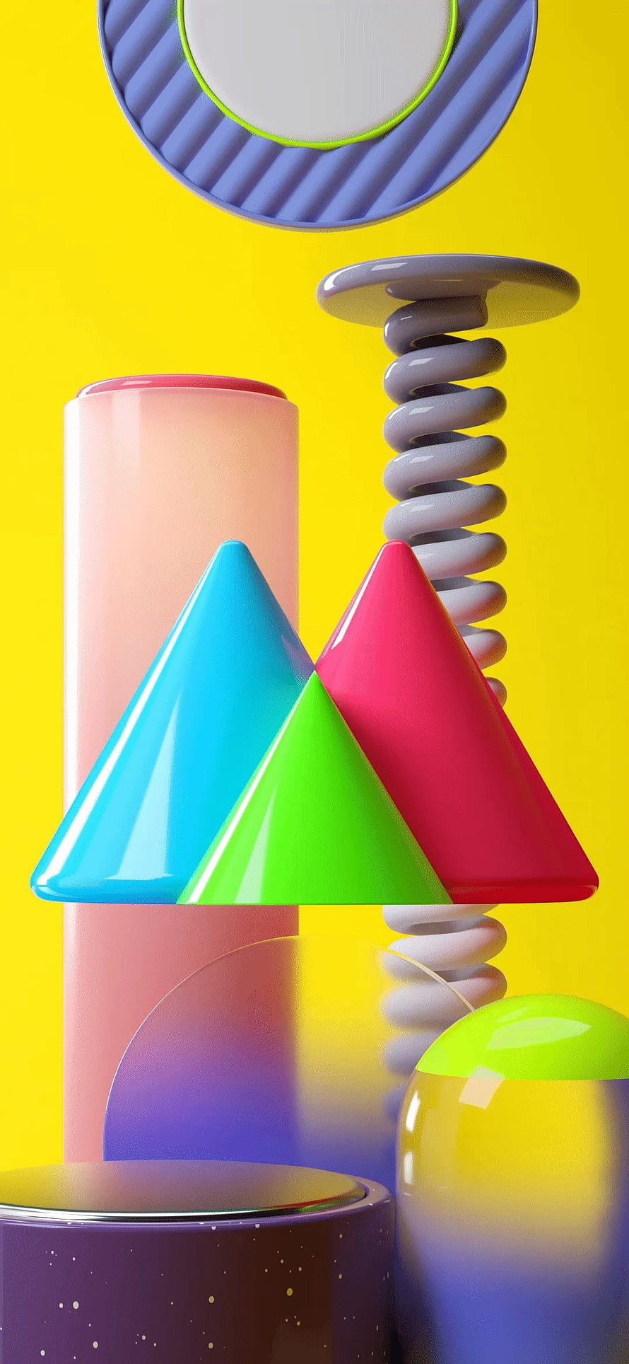 Vibrant 3D Geometric Shapes and Spring on Bright Yellow Background HD phone wallpaper