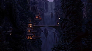 Mystical Pixel Art Village with Waterfall and Lanterns in a Dark Forest HD wallpaper