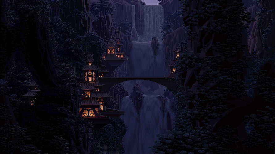 Mystical Pixel Art Village with Waterfall and Lanterns in a Dark Forest HD wallpaper