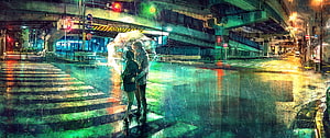 Anime Couple Sharing Umbrella on Rainy Night Street Crossing HD wallpaper