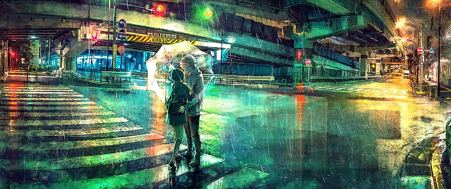 Anime Couple Sharing Umbrella on Rainy Night Street Crossing HD wallpaper