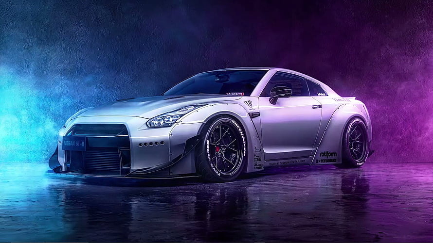 Silver Nissan GT-R Widebody Coupe with Neon Blue and Purple Lighting on Wet Surface HD wallpaper