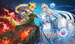 Bowsette and Boosette Fire and Ice Fantasy Anime Illustration HD wallpaper