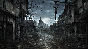 Dark Medieval Village Street with Hanging Figure and Distant Castle in Rain HD wallpaper