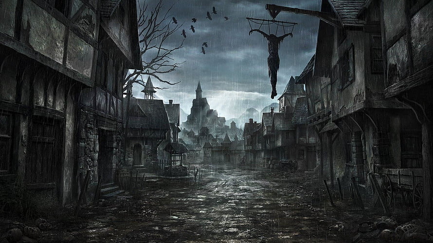 Dark Medieval Village Street with Hanging Figure and Distant Castle in Rain HD wallpaper