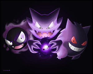Gengar and Ghost Type Pokemon Trio with Purple Energy Ball on Dark Background HD wallpaper