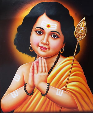 Murugan Devotional Portrait with Vel and Prayer Gesture in Traditional Indian Art Style HD phone wallpaper