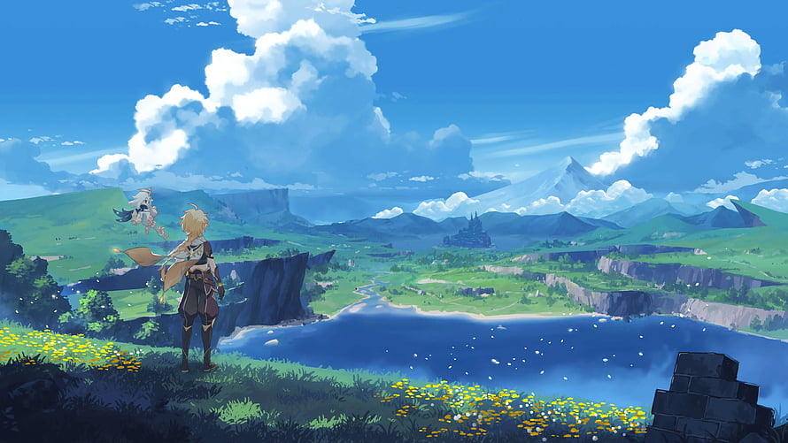 Genshin Impact Aether and Paimon overlooking the vast Teyvat landscape with rolling green hills and a serene lake HD wallpaper