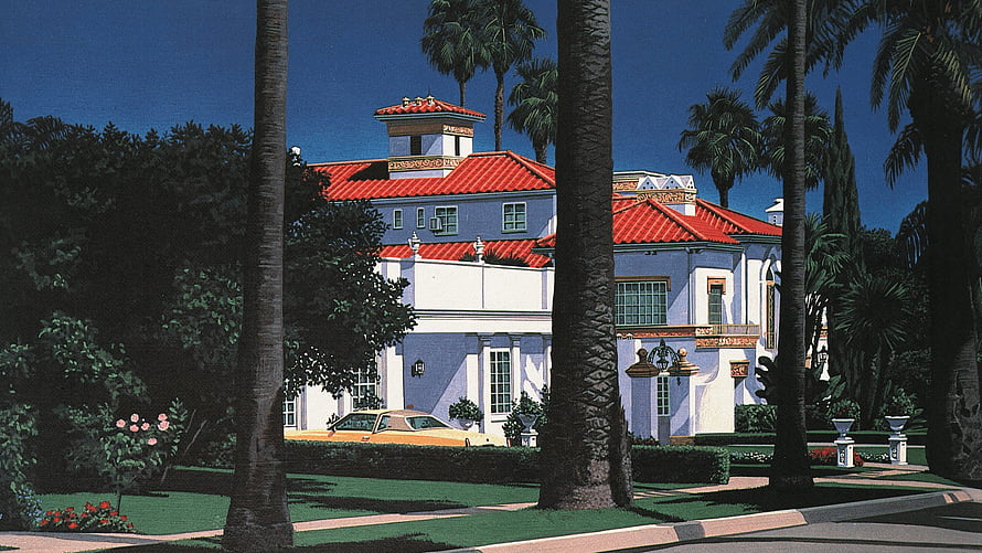 Hiroshi Nagai Anime Illustration of a Mediterranean Villa with Palm Trees and Vintage Car HD wallpaper