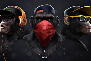 Three Wise Monkeys in Streetwear Attire with Headphones, Bandana, and Sunglasses HD wallpaper
