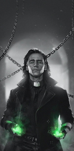 Loki in Priest Collar Holding Green Magic with Chains in Dark Fantasy Style HD phone wallpaper
