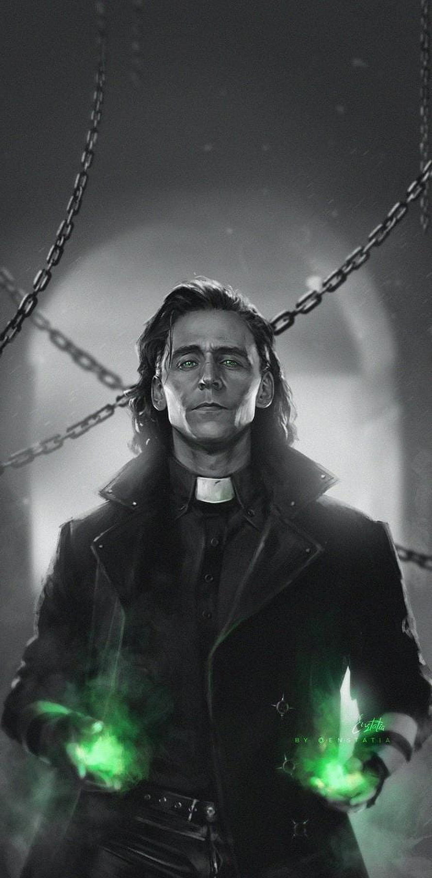 Loki in Priest Collar Holding Green Magic with Chains in Dark Fantasy Style HD phone wallpaper